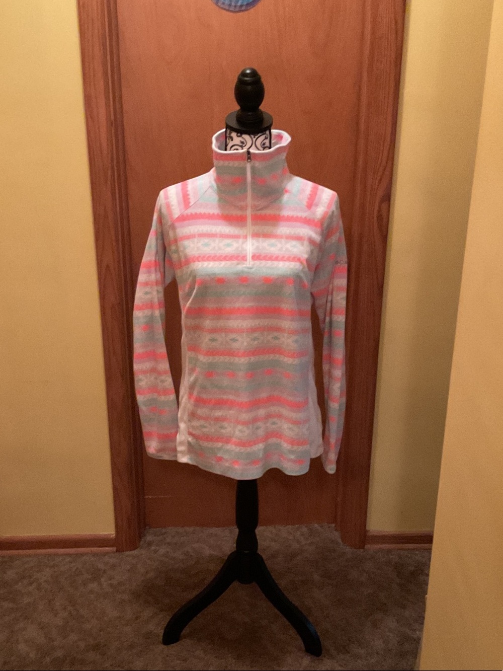 Columbia Striped Quarter-Zip Pullover in Light Gray and Coral